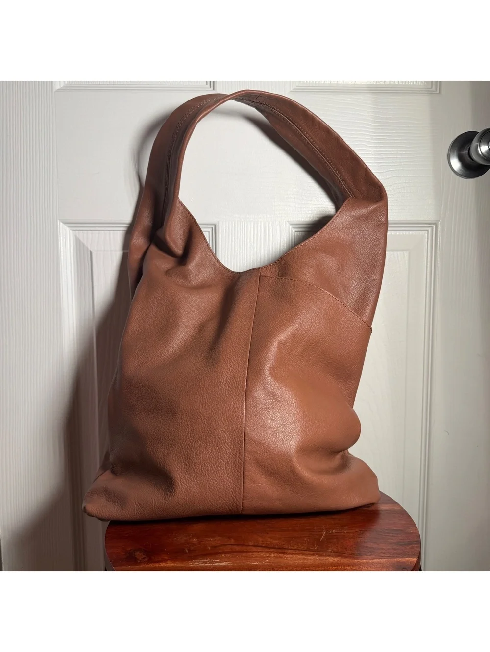 Cognac Brown Leather Hobo Shoulder Bag Slouchy Oversized Minimalist Tote Purse